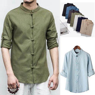 Chinese Style Men Shirt 3/4 Sleeve Solid Casual Streetwear Man Cotton Linen  Hanfu Blouse Men Clothes 2023 New Koran Summer Top