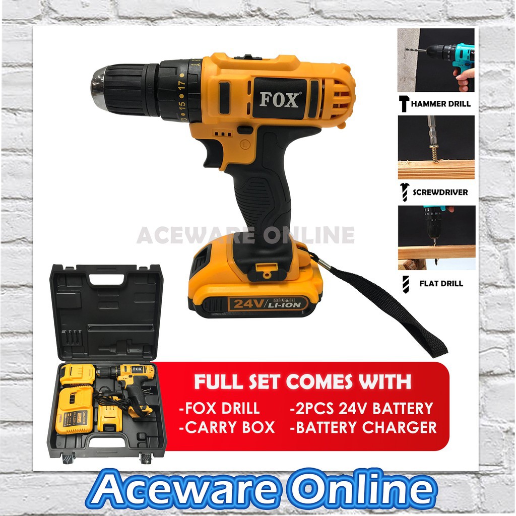 FOX 24V Cordless Hammer Impact Drill Screwdriver 2LI-ION Lithium ...