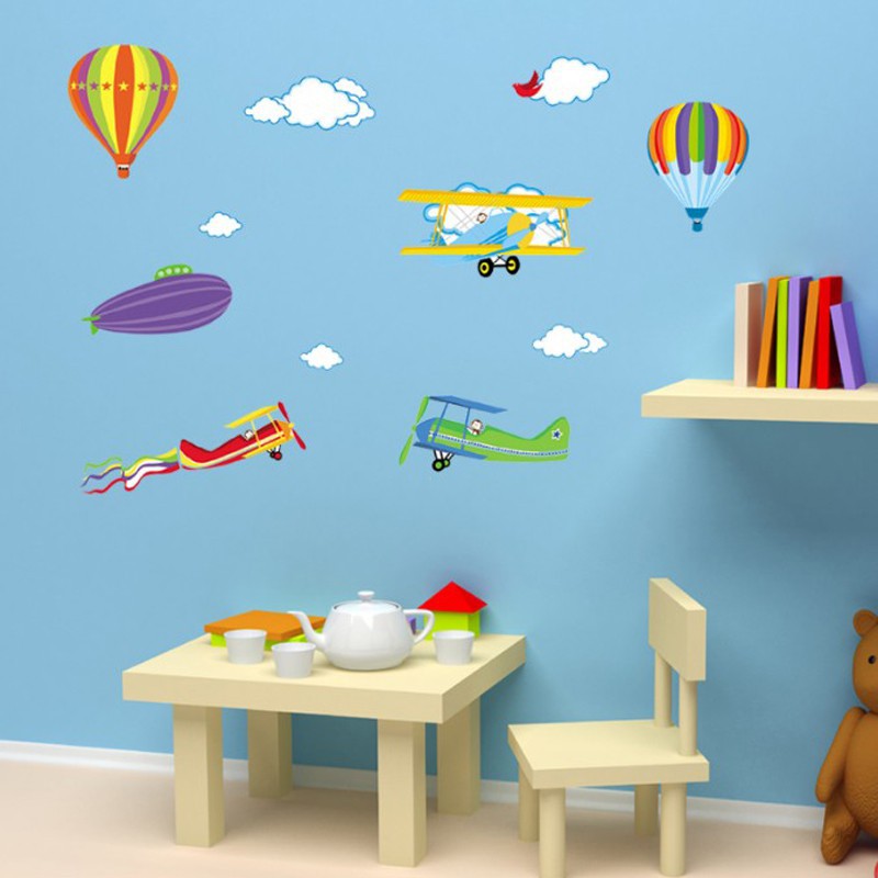 Cute hot air balloon wall stickers for boys room removable airplane ...