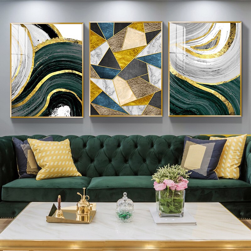 Canvas Painting Abstract Gold Green Geometric Posters Prints Poster ...