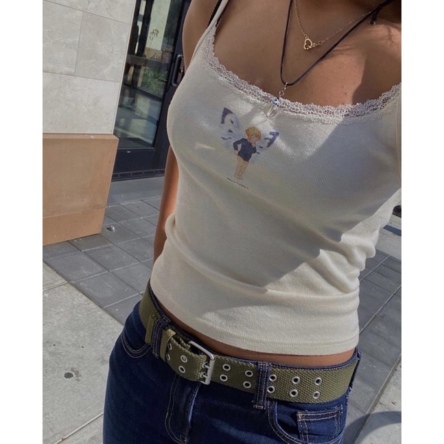 Skylar I Don't Care Tank spaghetti strap Tank with classic lace border [Brandy Melville