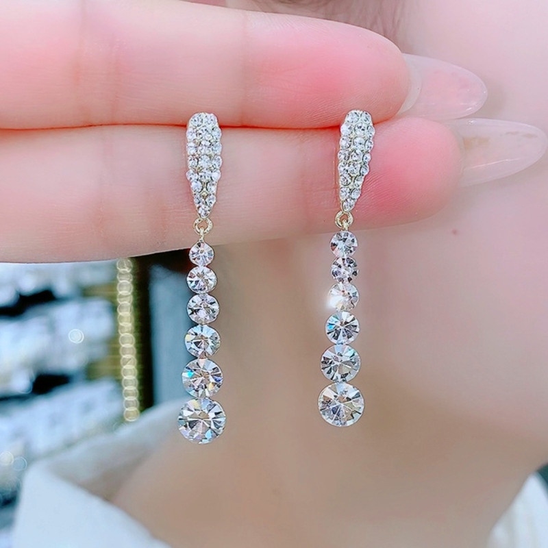 High Grade Shinning Zircon Rhinestones Long Earrings For Women Bridal ...