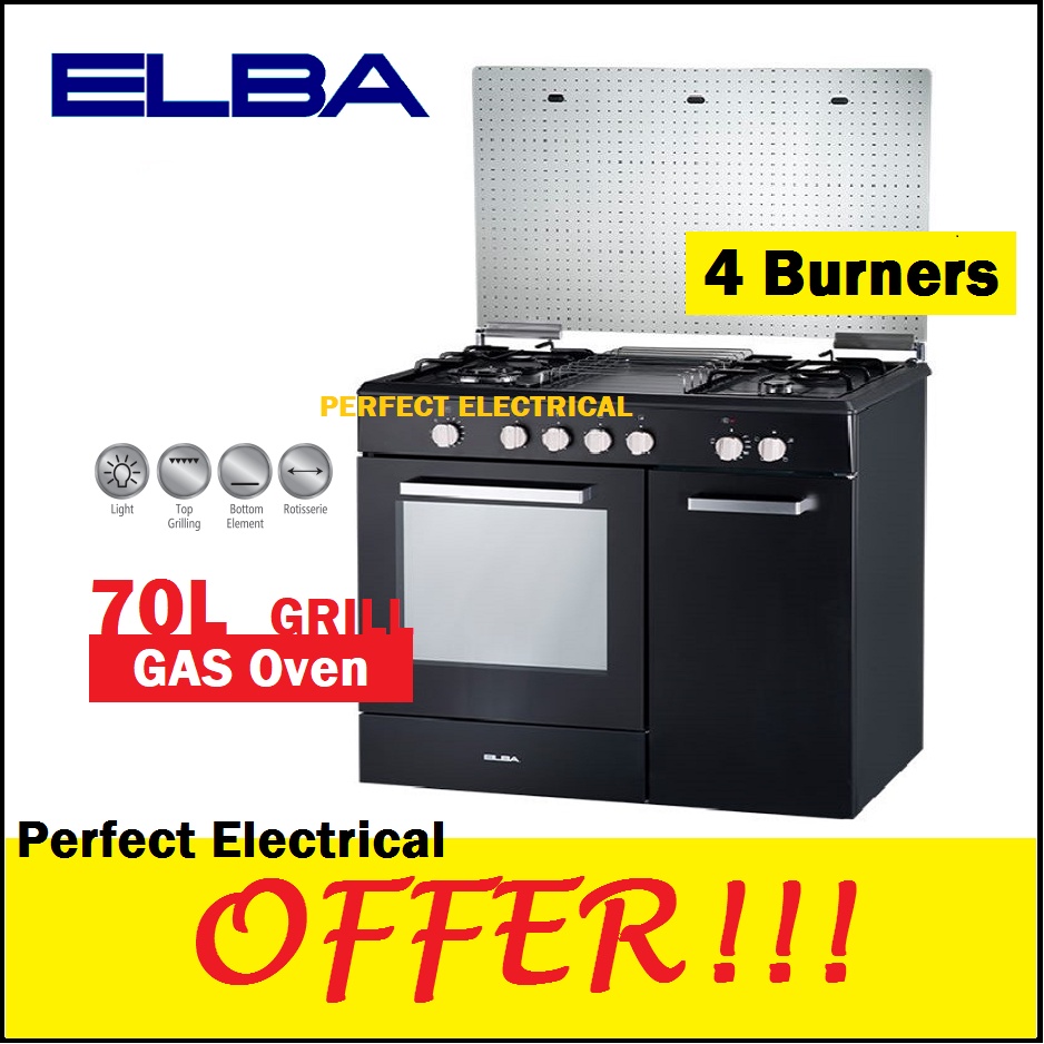 Elba EGCC9704G(BK) Free Standing Gas Cooker 4 Burner with 70L Gas