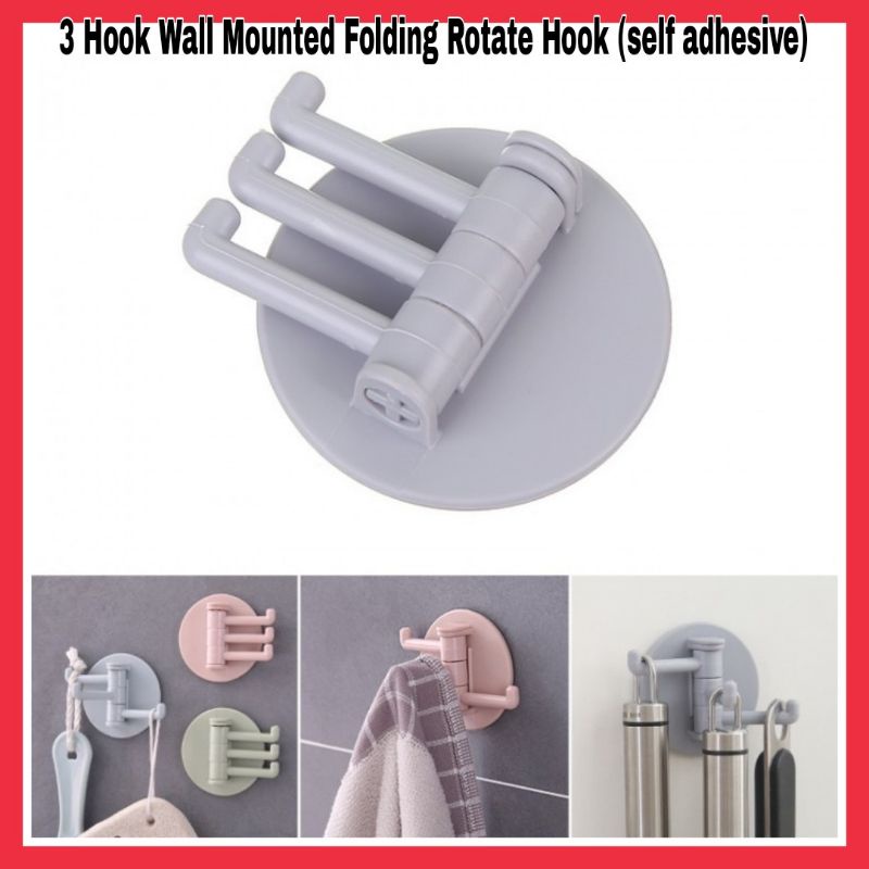 3 Hook Hanger Wall Mounted Folding Rotate Hook (self adhesive)colour