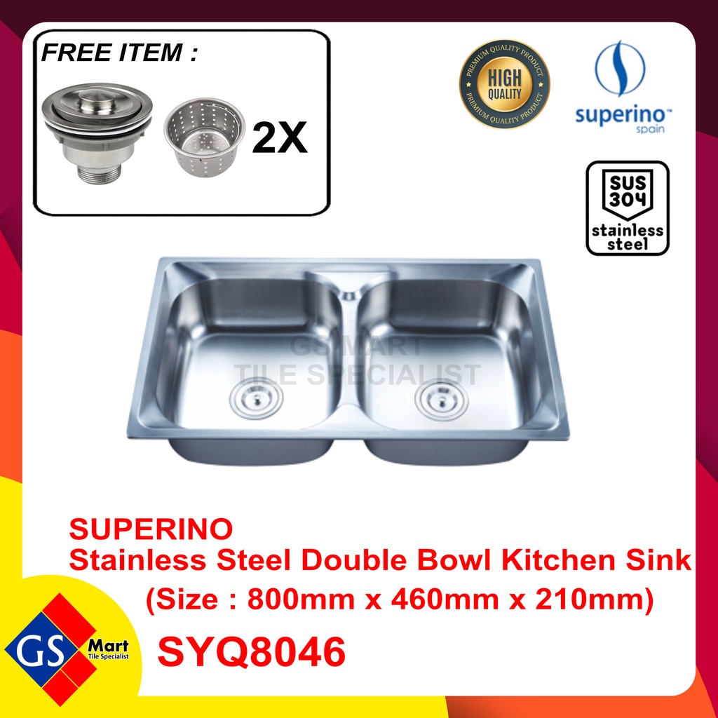 Superino Stainless Steel Double Bowl Kitchen Sink 800mm X 460mm X 210mm Shopee Malaysia 2686