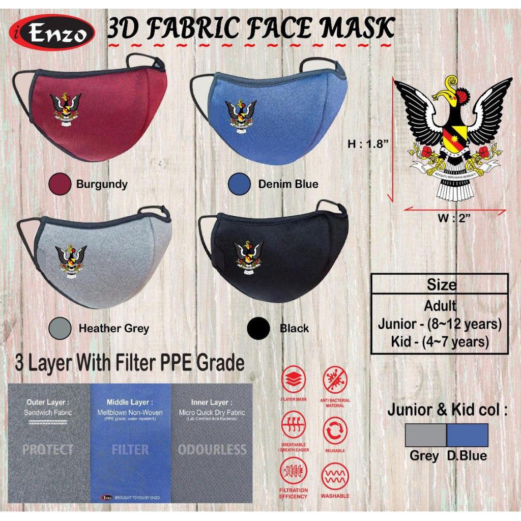 FACEMASK (jata negeri sarawak) WASHABLE MASK FABRIC 3PLY 10pcs/set ...