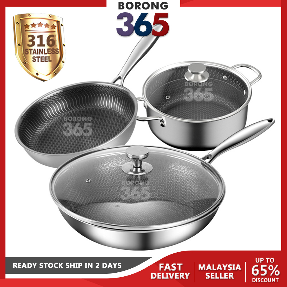 Borong365 3 In 1 SUS 316 Stainless Steel Non-Stick Sasite Wok, Pot And Pan Kitchen Cookware Set