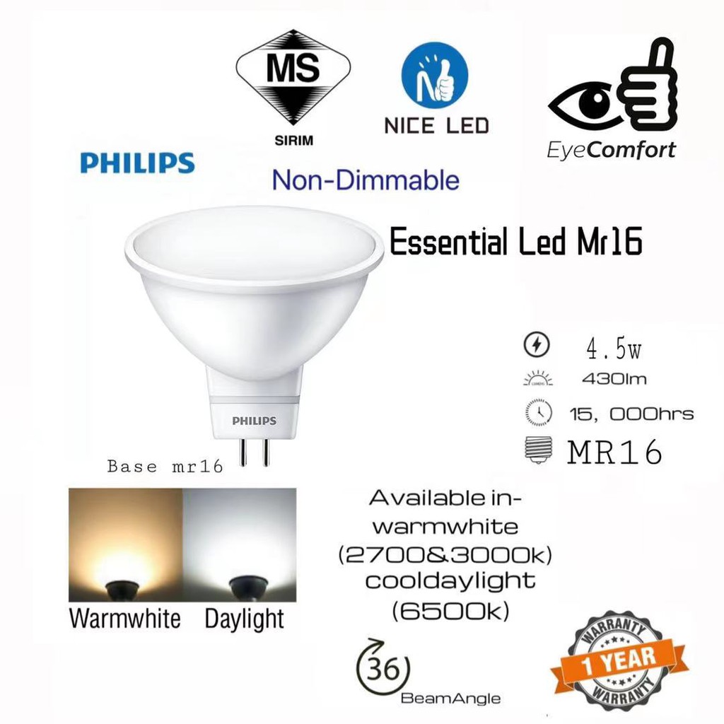 Philips Essential Led spotlight MR16（Non-Dimmable） | Shopee Malaysia