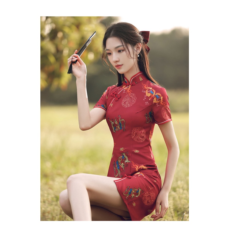 2023 Red Short Cheongsam Print Improved Vintage Dress Slim-fit Women  Costumes Chinese Style Qipao Front Split S To XXL