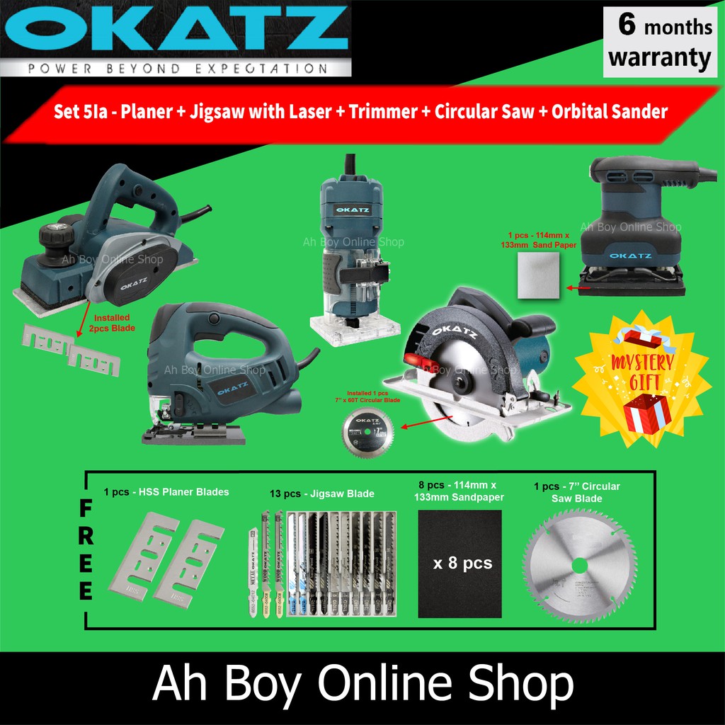 Combo OKATZ 5pcs CS7V Circular Saw PL182.60 Wood Planer TN635.55 Router Trimmer JS100 QL Jigsaw POS125 Sander Shopee Malaysia