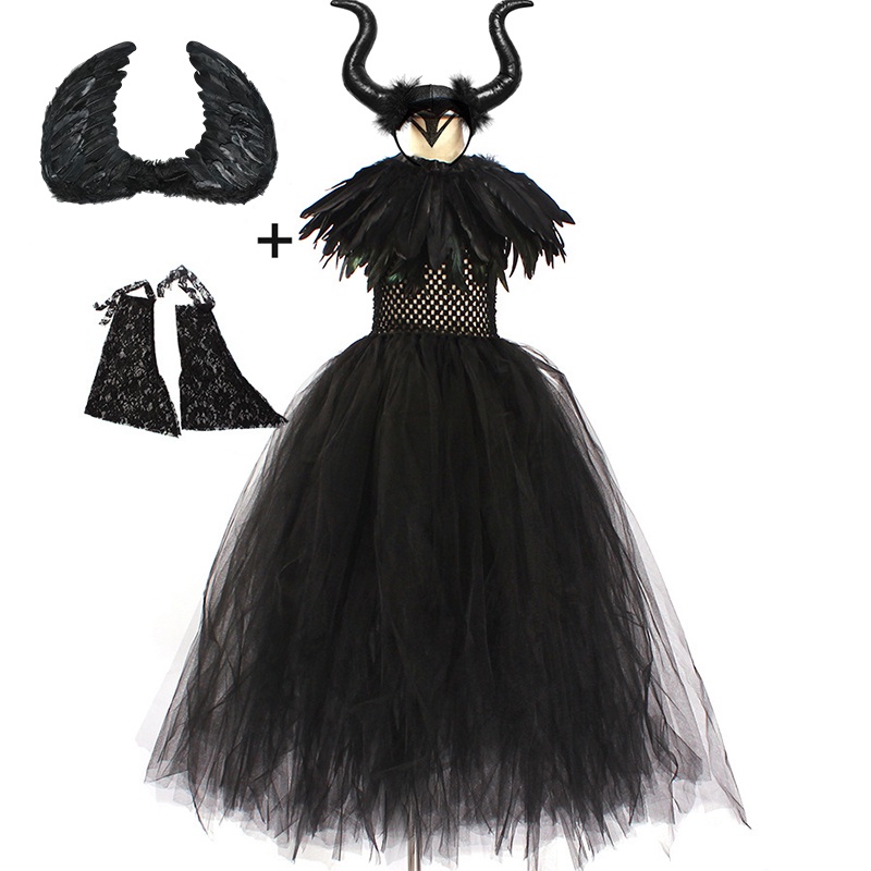 Costume di Halloween per bambini ha portato a illuminare il vestito Tutu  malefica per le ragazze Cosplay Evil Queen Black Mesh Princess Dress