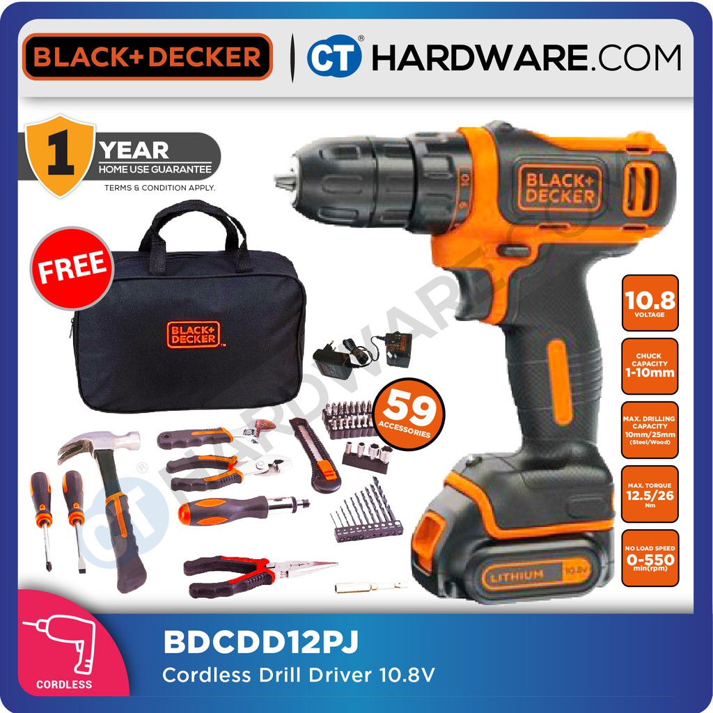 BLACK DECKER BDCDD12PJ DRILL DRIVER WITH PROJECT KIT 10.8V LI ION