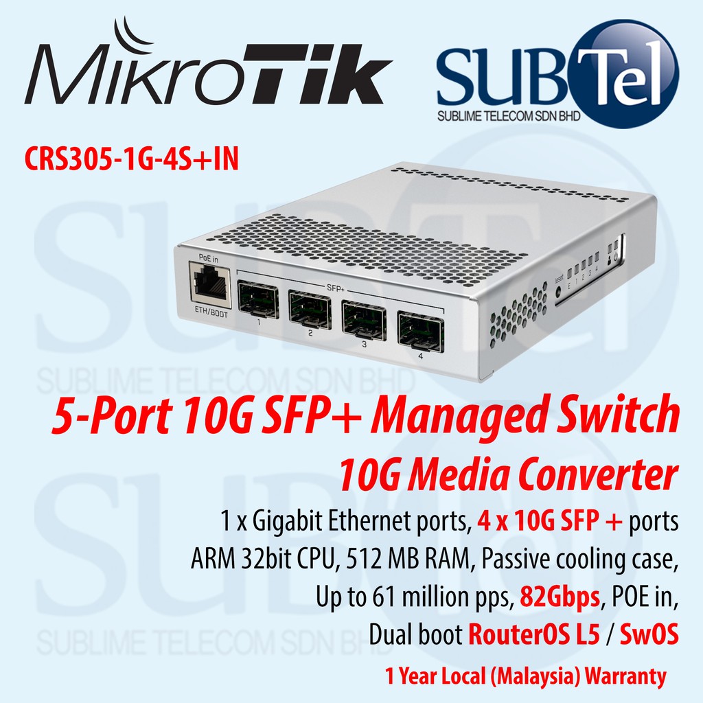 CRS305-1G-4S+IN Mikrotik Smart Switch 10G Media Converter 4 x SFP+