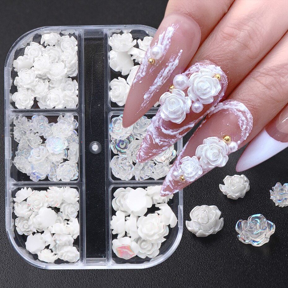 HAMA NAIL Camellia Nail Charms White Flower Caviar Beads Nails ...