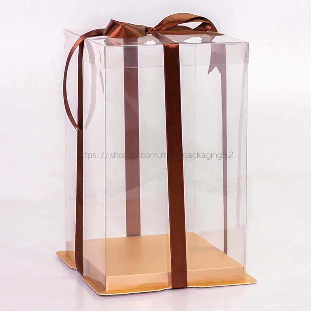 CLEAR LID GOLD Square Transparent Cake Box WITHOUT Ribbon / Kotak ...