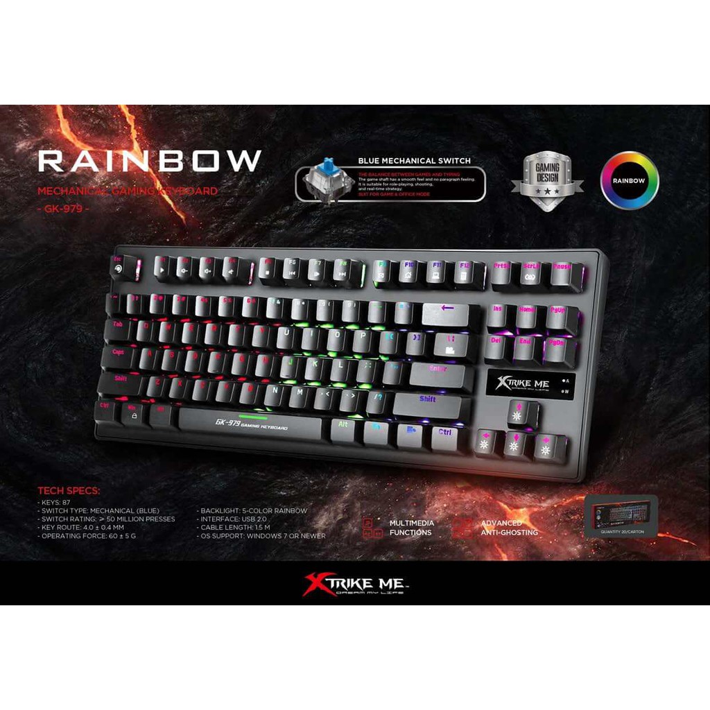 Xtrike me mechanical gaming keyboard 87 key 5 color rainbow with 8