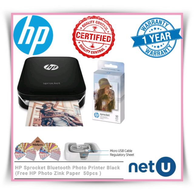 HP Sprocket Bluetooth Photo Printer Black (Free Upgrade to HP Photo