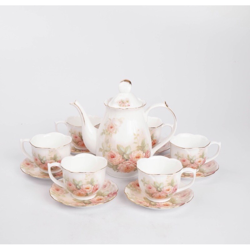 (WY1201-09-GT) Queens Premium Porcelain Tea Set with Revolving (Pink ...