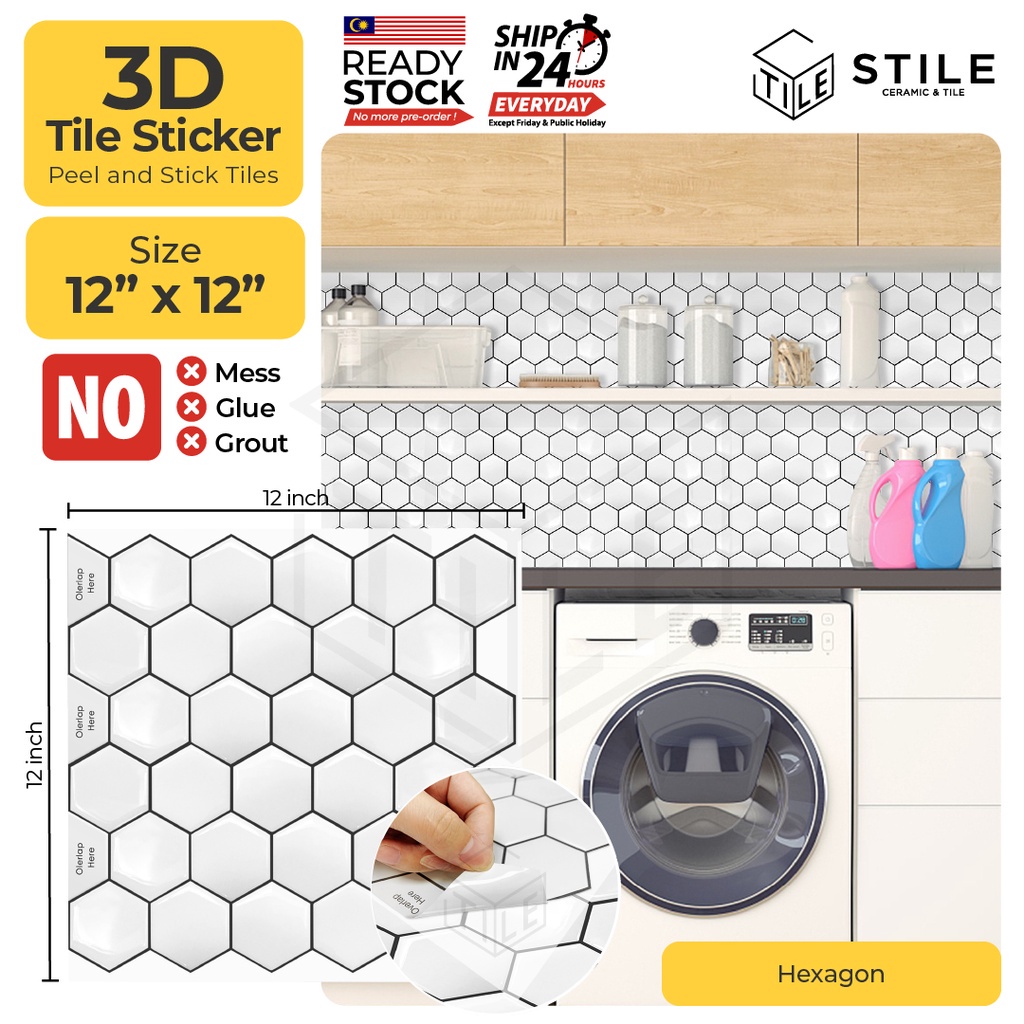 Hexagon Marble 3D Tiles Sticker Kitchen Bathroom Wall Tiles Sticker