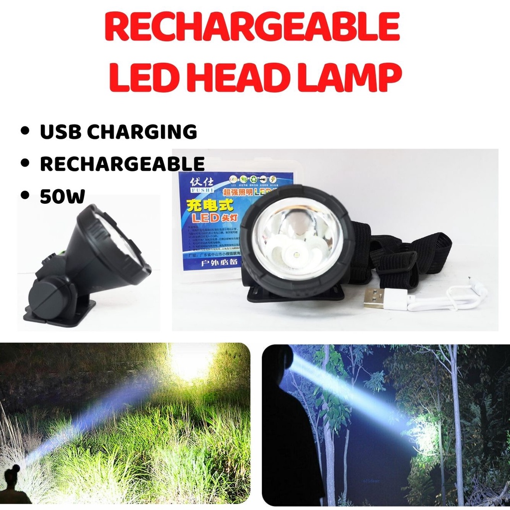 Rechargeable LED Head Lamp Head Light Lampu Kepala Terang USB Charging 50W
