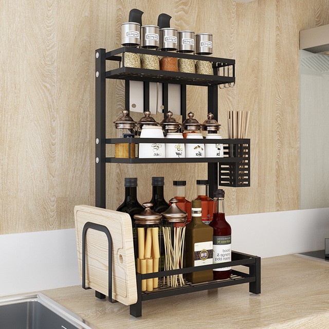 Stainless steel black kitchen shelf floor multi layer storage oil salt sauce and vinegar seasoning rack kitchen season
