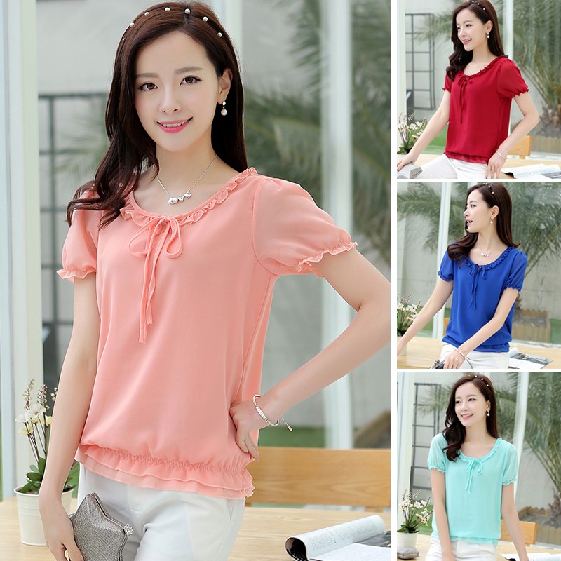 Women Blouses Summer Plain Chiffon Blouse Fashion O-neck Large Size ...