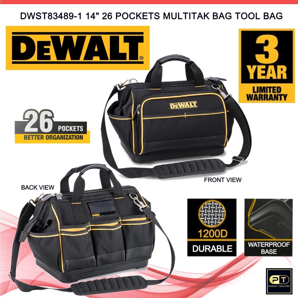 Dewalt DWST83489-1 14in 26 Pocket Multitak Bag Tool Bag Hand Tool Bag ...