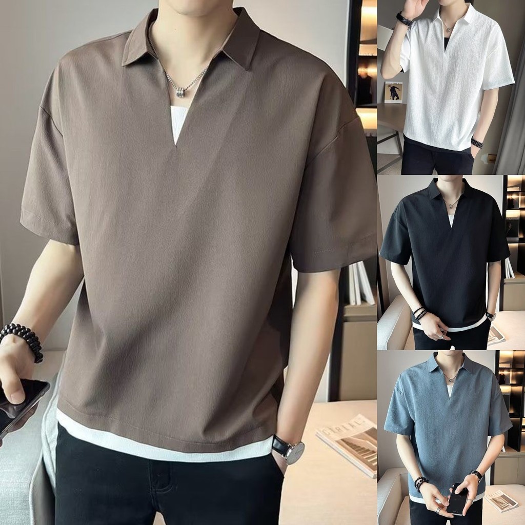 Summer Plain Short Sleeve Casual Cotton Collar Polo T Shirt Men Lelaki ...