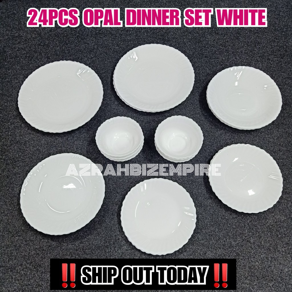 🔥HOT! 24PCS PLAIN WHITE OPAL GLASSWARE DINNER SET / SET PINGGAN MAKAN