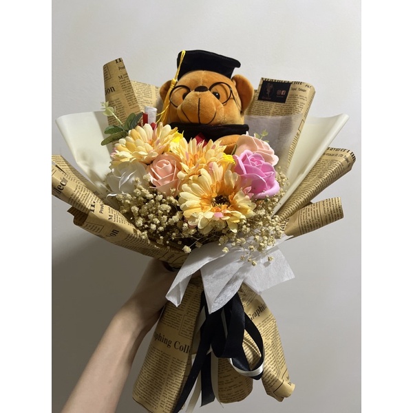 Graduation Bear Soap Flower Bouquet Rose Chrysanthemum toys teddy baby ...