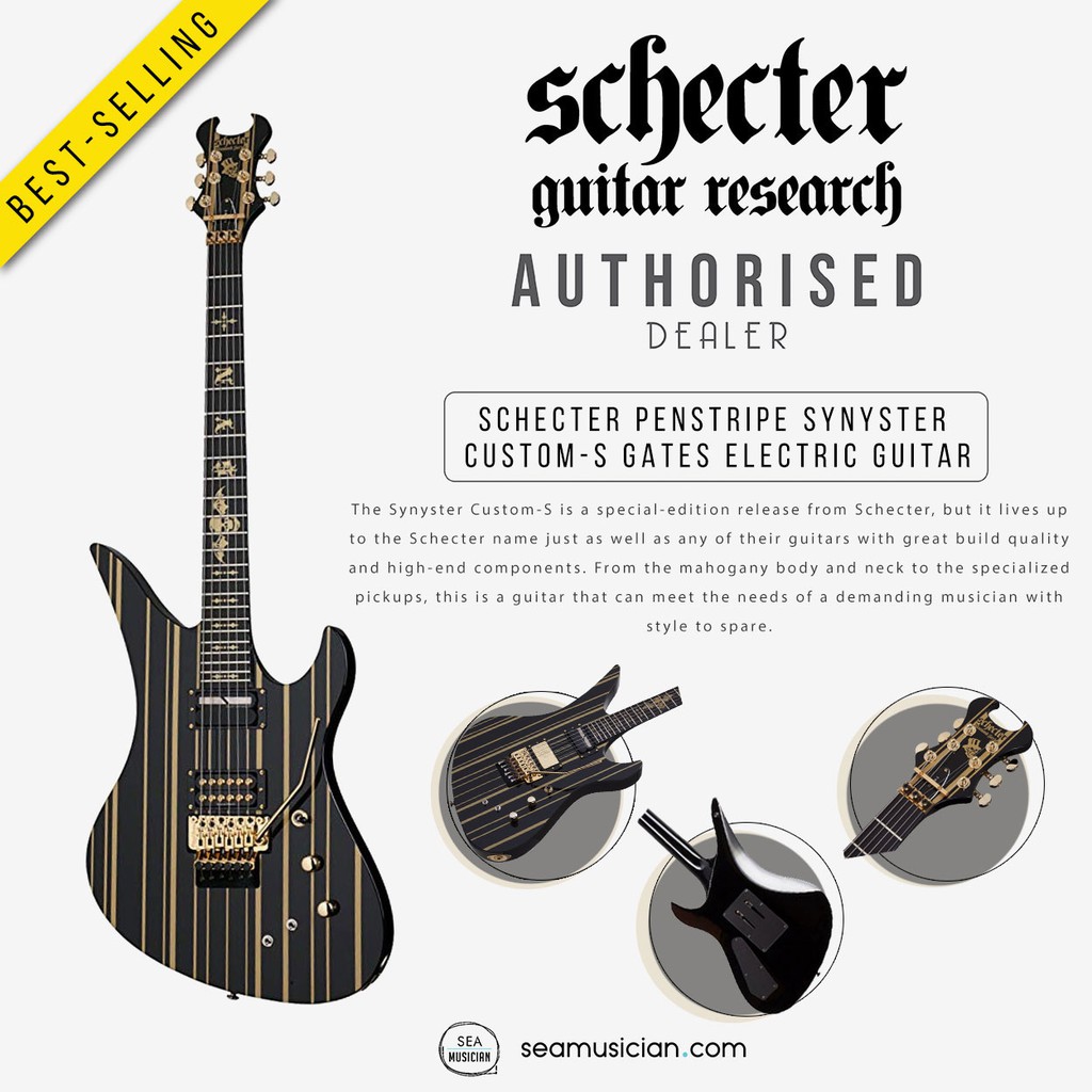 SCHECTER BLACK/GOLD PENSTRIPE SYNYSTER CS GATES ELECTRIC GUITAR EBONY ...