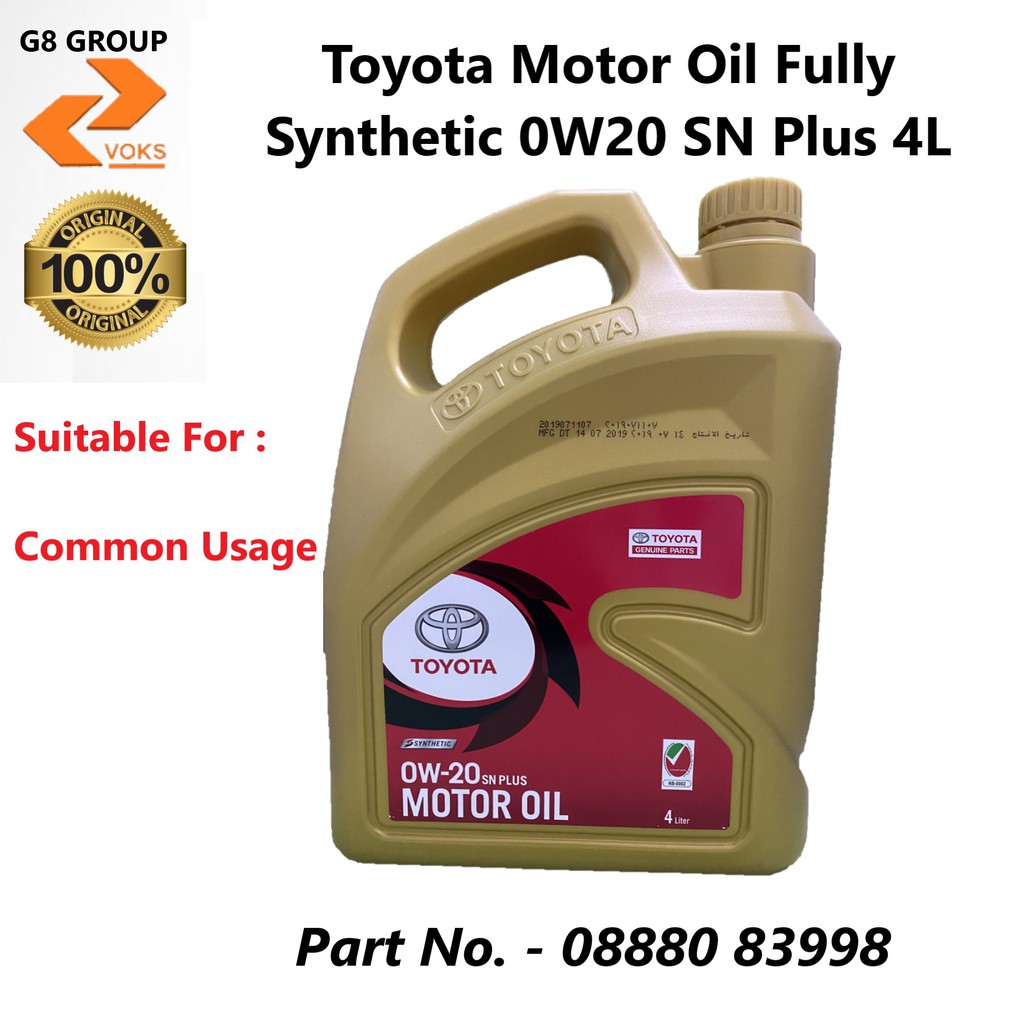 Toyota Genuine Motor Oil SN Plus 0W20 4L - Fully Synthetic ( 08880 ...