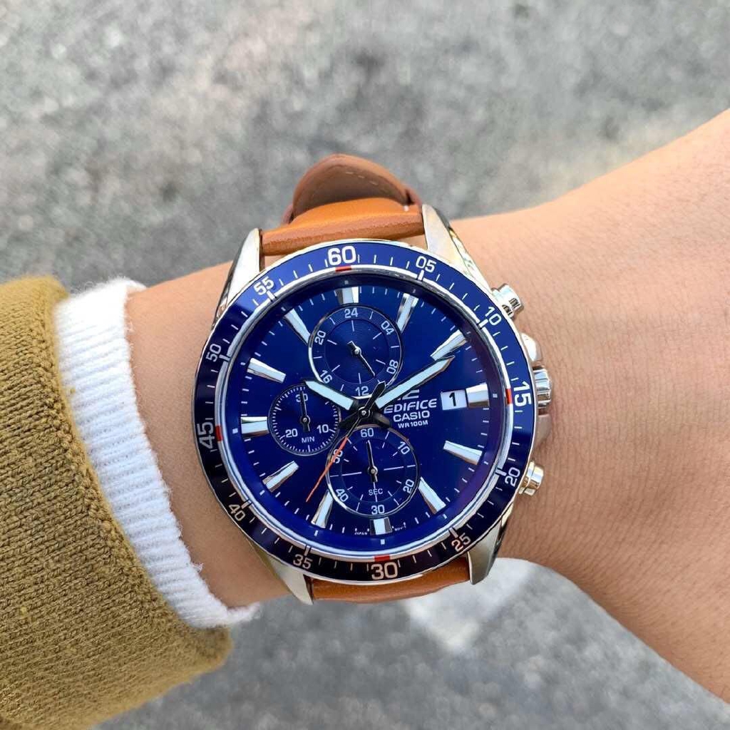 OFFICIAL WARRANTY Casio Edifice EFR 546L 2AV Chronograph 100M Blue Dial Brown Leather Strap Men s Watch EFR 546L 2A Shopee Malaysia