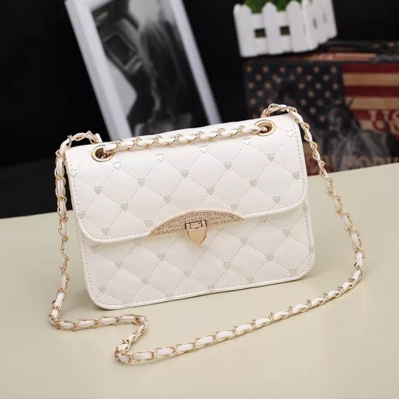 PRELOVED Women Shoulder Crossbody Flap Bag with Gold Metal Chain