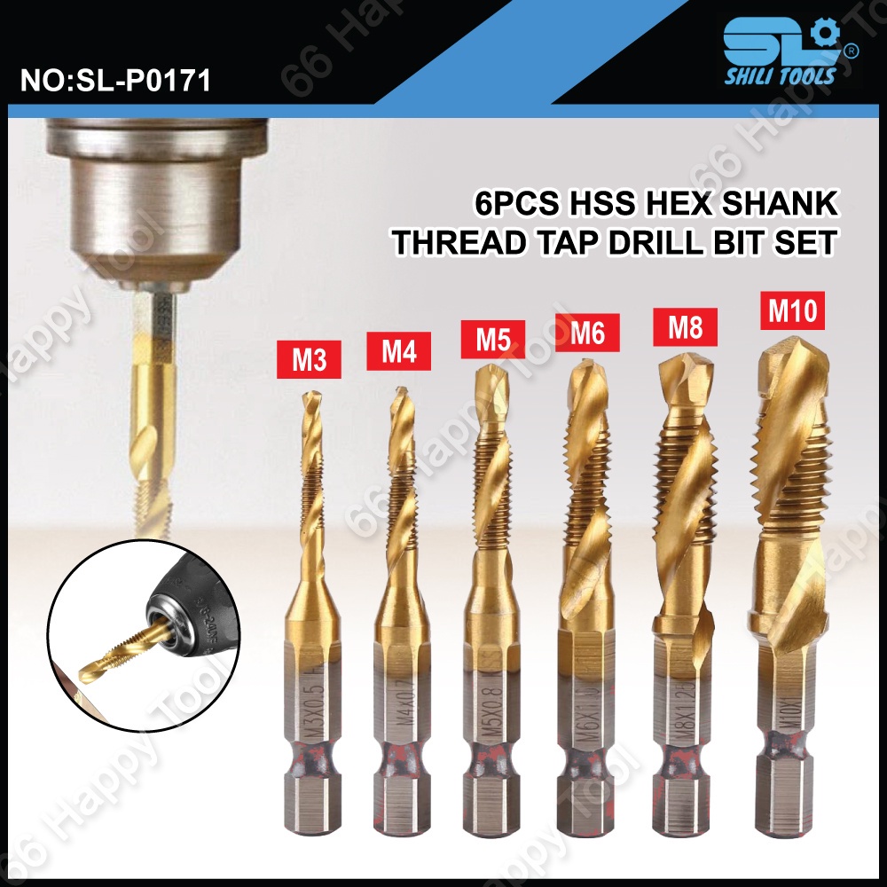 SHILI Tools 6pcs HSS Hex Shank Thread Tap Drill Bit Set 1/4