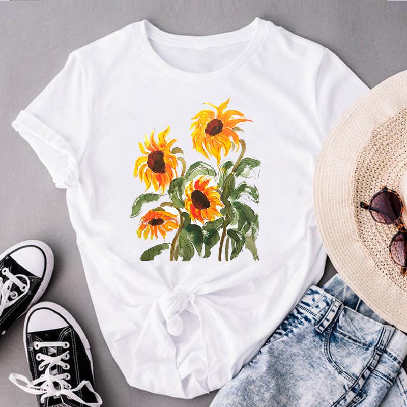 Sunflower Pattern Crew Neck T-shirt, Casual Loose Short Sleeve Fashion  Summer T-Shirts Tops, Women's Clothing