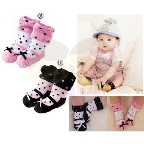2 in 1 Polkadot Ballerina Socks (Pink & Black) Kids Baby Newborn Cotton Socks Stoking Sarung