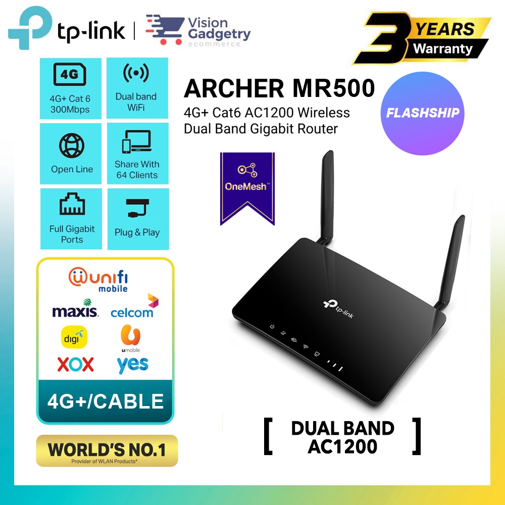 Gigabit Archer Sim 4G+ Dual Card Malaysia Router MR500 CAT6 TP-Link AC1200 Shopee Band LTE |