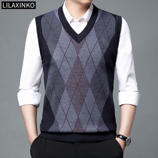 4 Color Men Vest Sleeveless Sweater Knit V Neck Checkered Plaid Striped ...