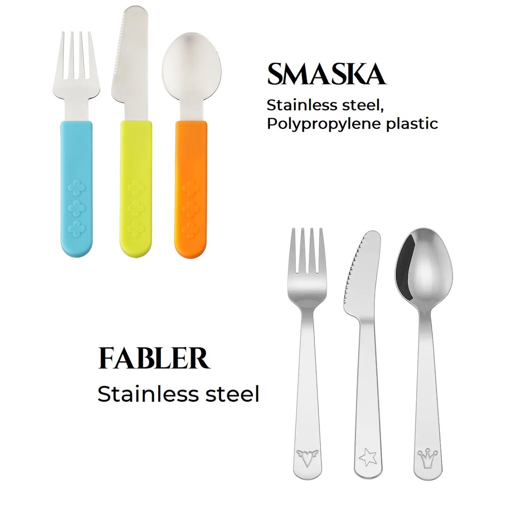 IKEA CHILDRENS KIDS FORK KNIFE SPOON 3 PIECE CUTLERY SET FABLER SMASKA