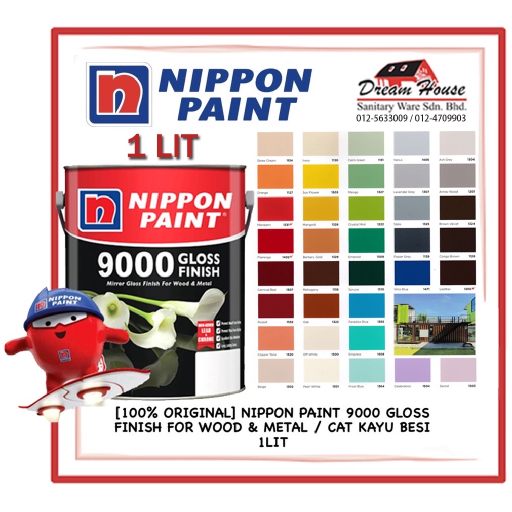 1L NIPPON PAINT 9000 Gloss Finish Oil Based Wood Metal Paint Interior Exterior Cat Minyak Kilat