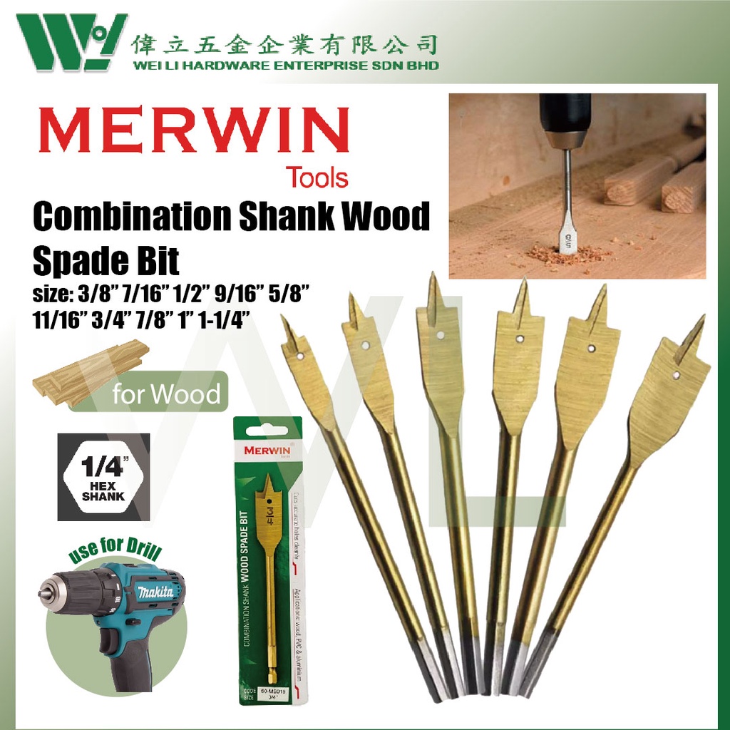 Merwin Combination shank wood Spade Bit / steel craft spade bit for ...