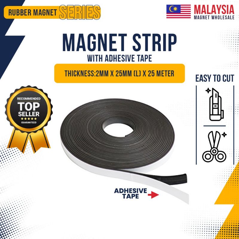 STRONG MAGNET STRIP WITH ADHESIVE TAPE - Size : 2MM (T) x 25MM (W) x 25 ...
