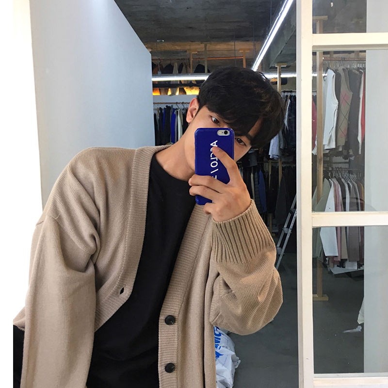 Korean Fashion Plaid Knit Cardigan Men V-neck Long Sleeve Slim