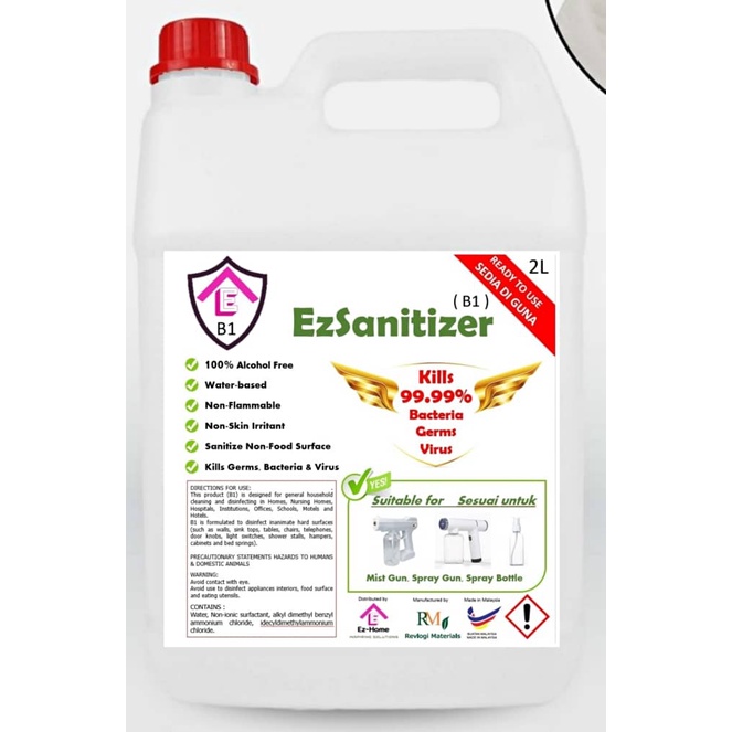 2Litre Sanitizer 0 Alcohol, Can use Spray Gun, Fogging Gun, Hands