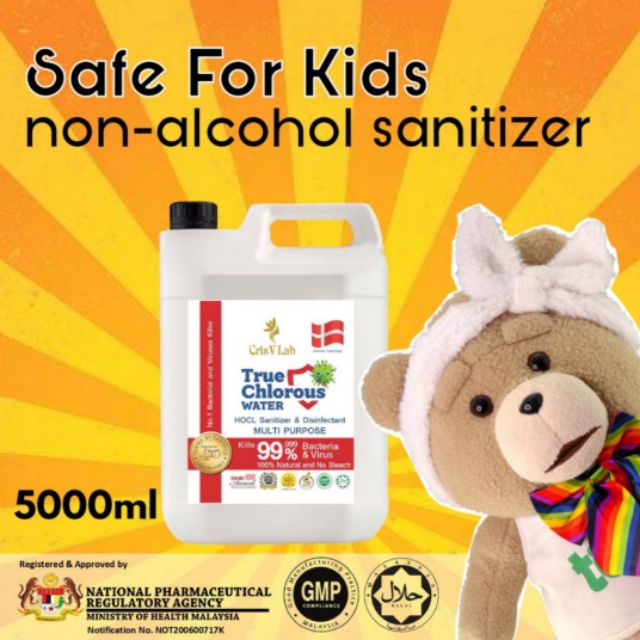 G6PD Safe for Kids Non Alcohol HOCL Sanitizer True Chlorous Water( 5