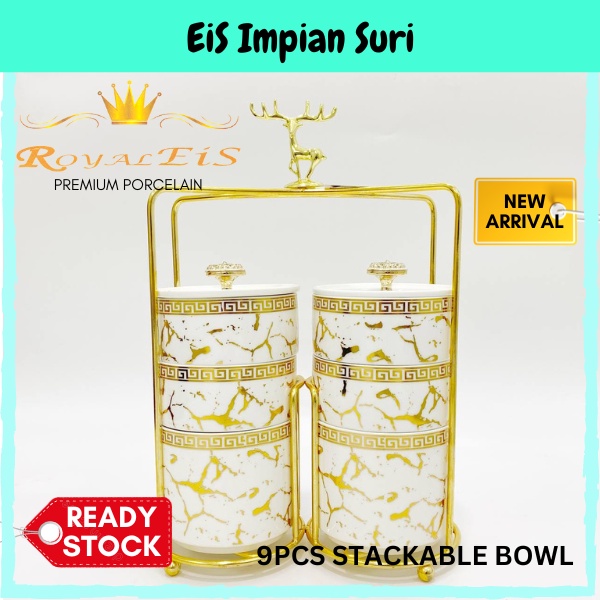 (Ready Stock!!)Royal EIS 9pcs Stackable Bowl Marble White W Rack ...