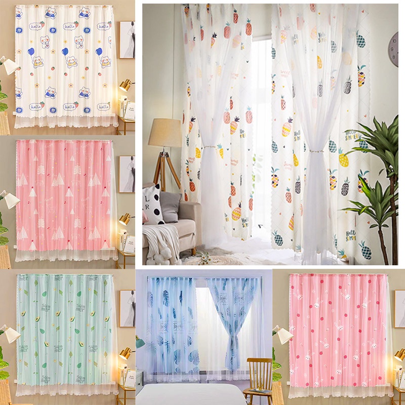 Curtain Drawstring Hook-And-Loop Curtains 2 Layers Light Protection ...