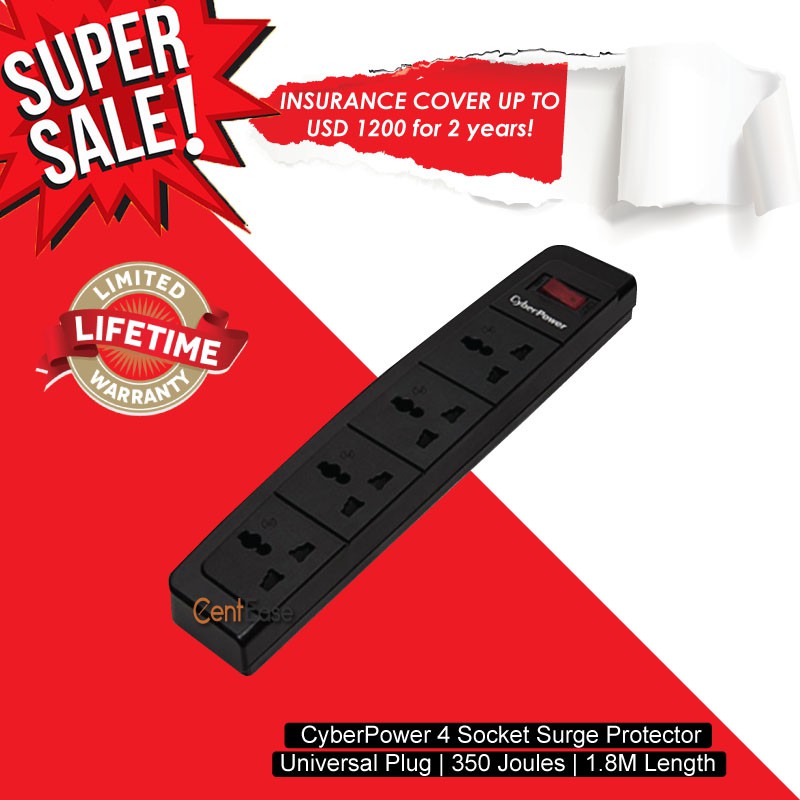 CyberPower 4 Socket Surge Protector - Universal Plug| 350 Joules| 1.8M ...