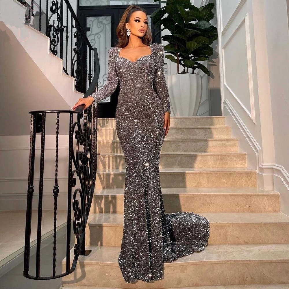 European Grey Sequin Skinny Dinner Dress Plus Size Girl Long Sleeve Mermaid Evening Dress Women Shiny Party Princess Trailing Dresses